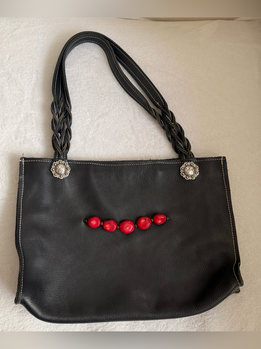 Black Genuine Leather Tote with Red cherry Bead Accent y2k vintage